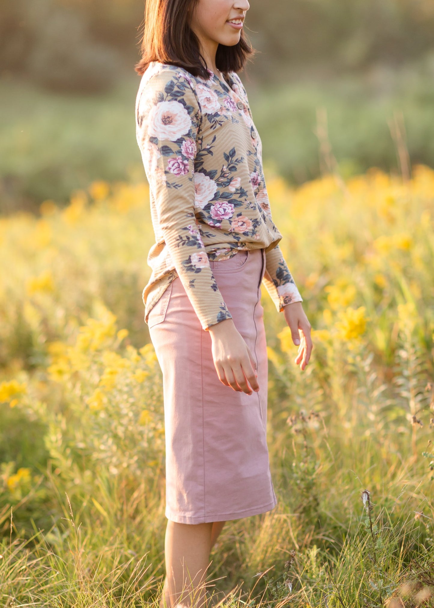 Mustard Floral Faux Button Top Tops BomBom