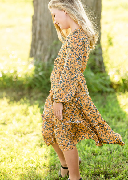 Mustard Floral Tiered Midi Dress Dresses