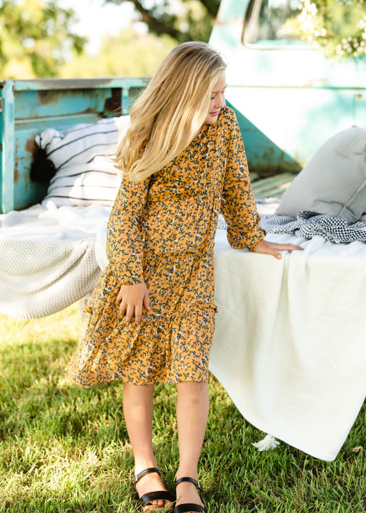 Mustard Floral Tiered Midi Dress Dresses