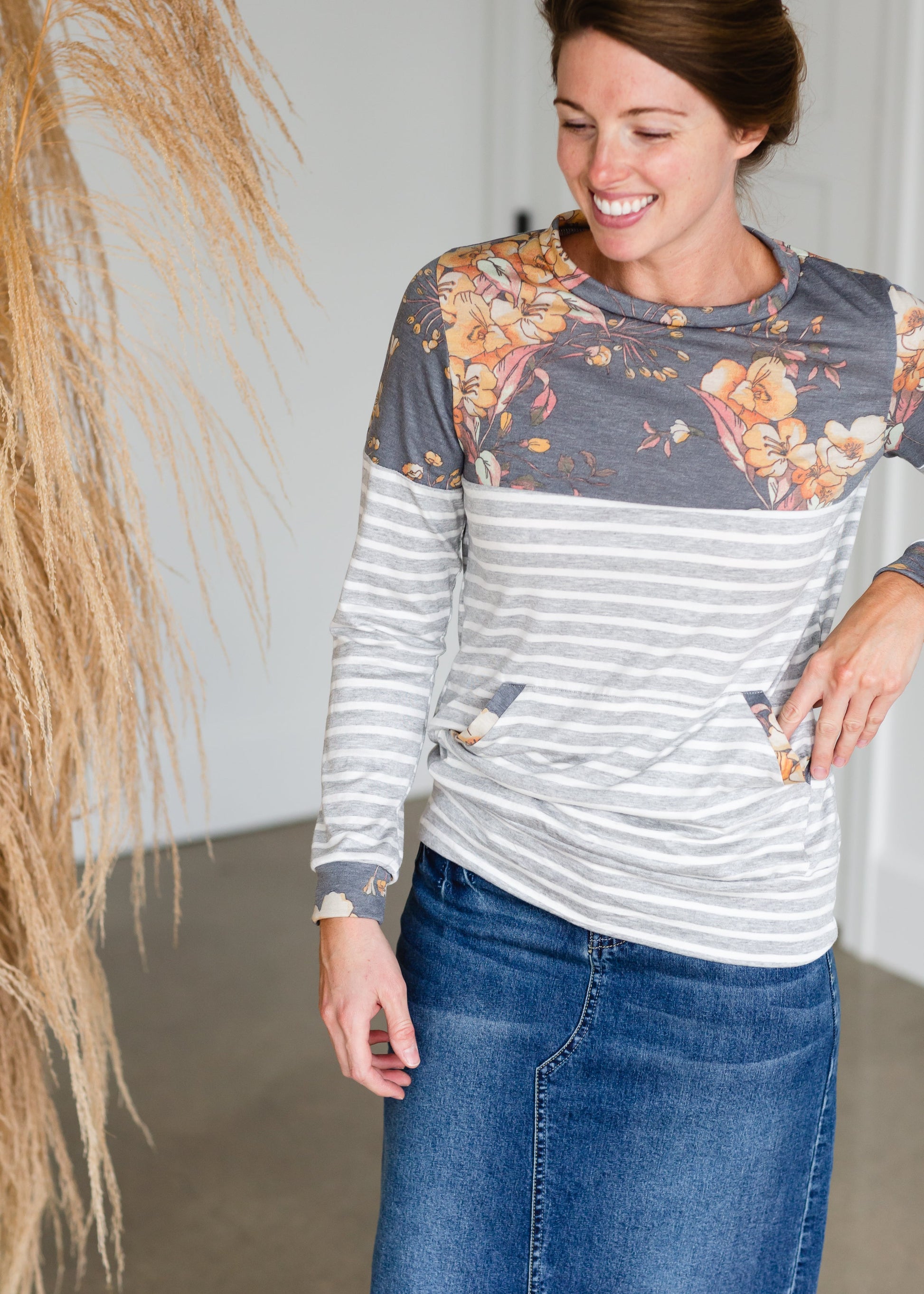 Mustard Striped Floral Mix Pocket Top - FINAL SALE Tops