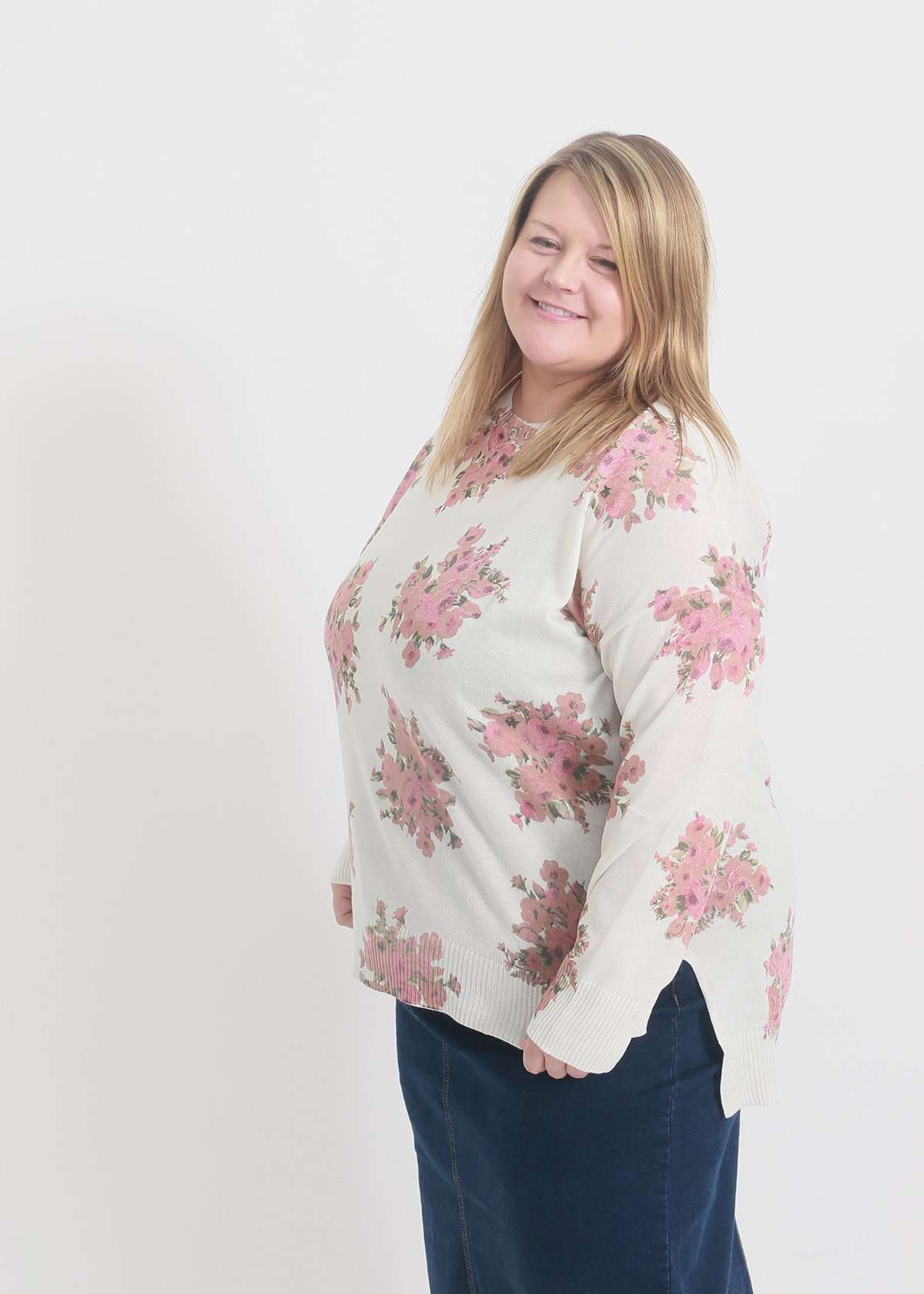 Ivory plus size sweater with blush florals all over