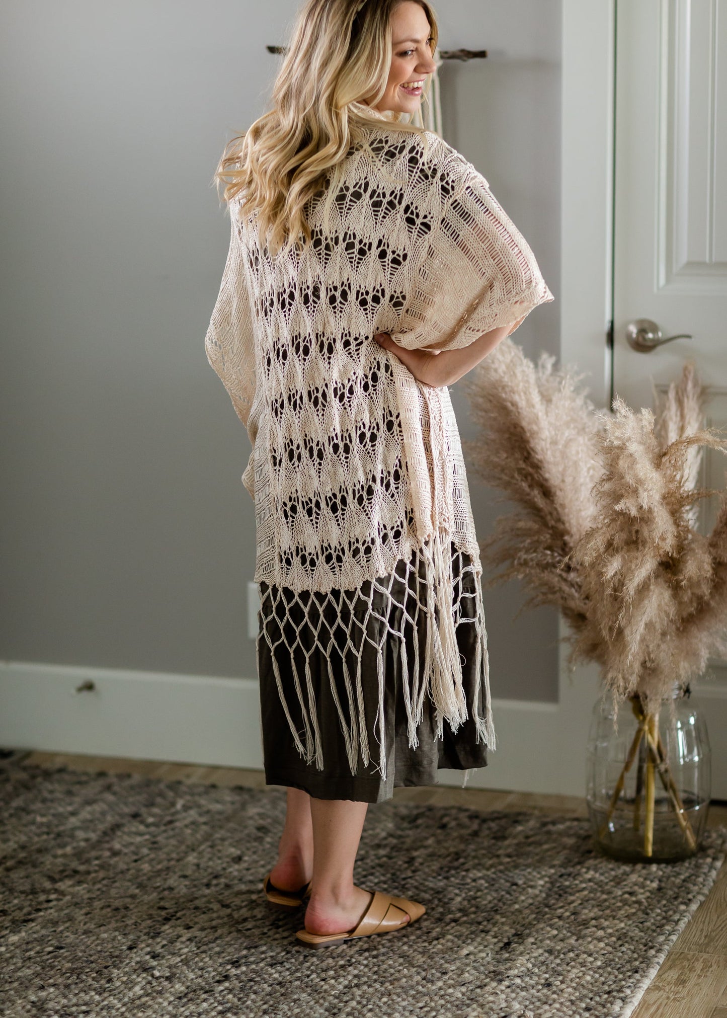 Natural Crochet Fringe Kimono - FINAL SALE Tops