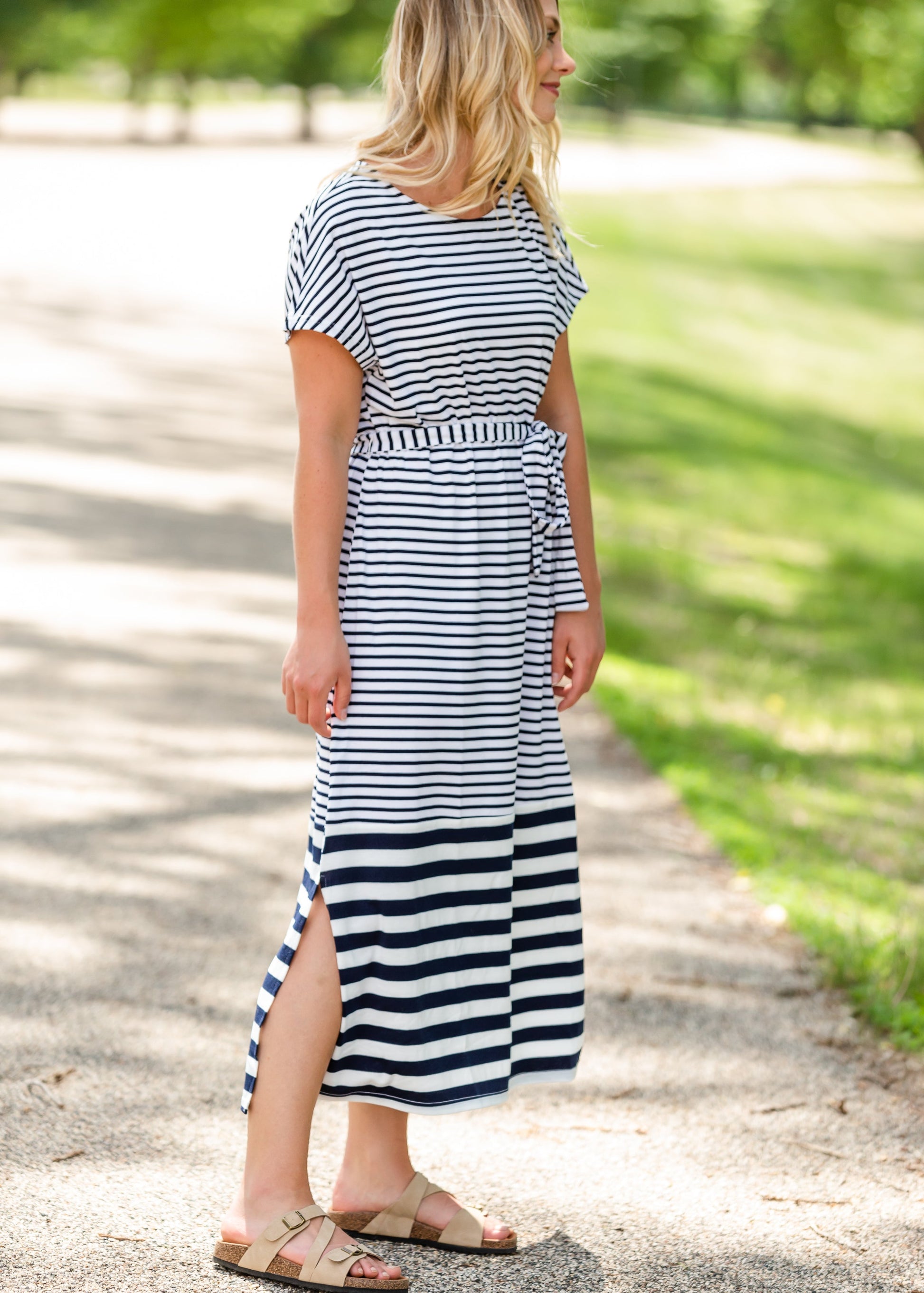 Navy and White Striped Tie Midi Dress Dresses