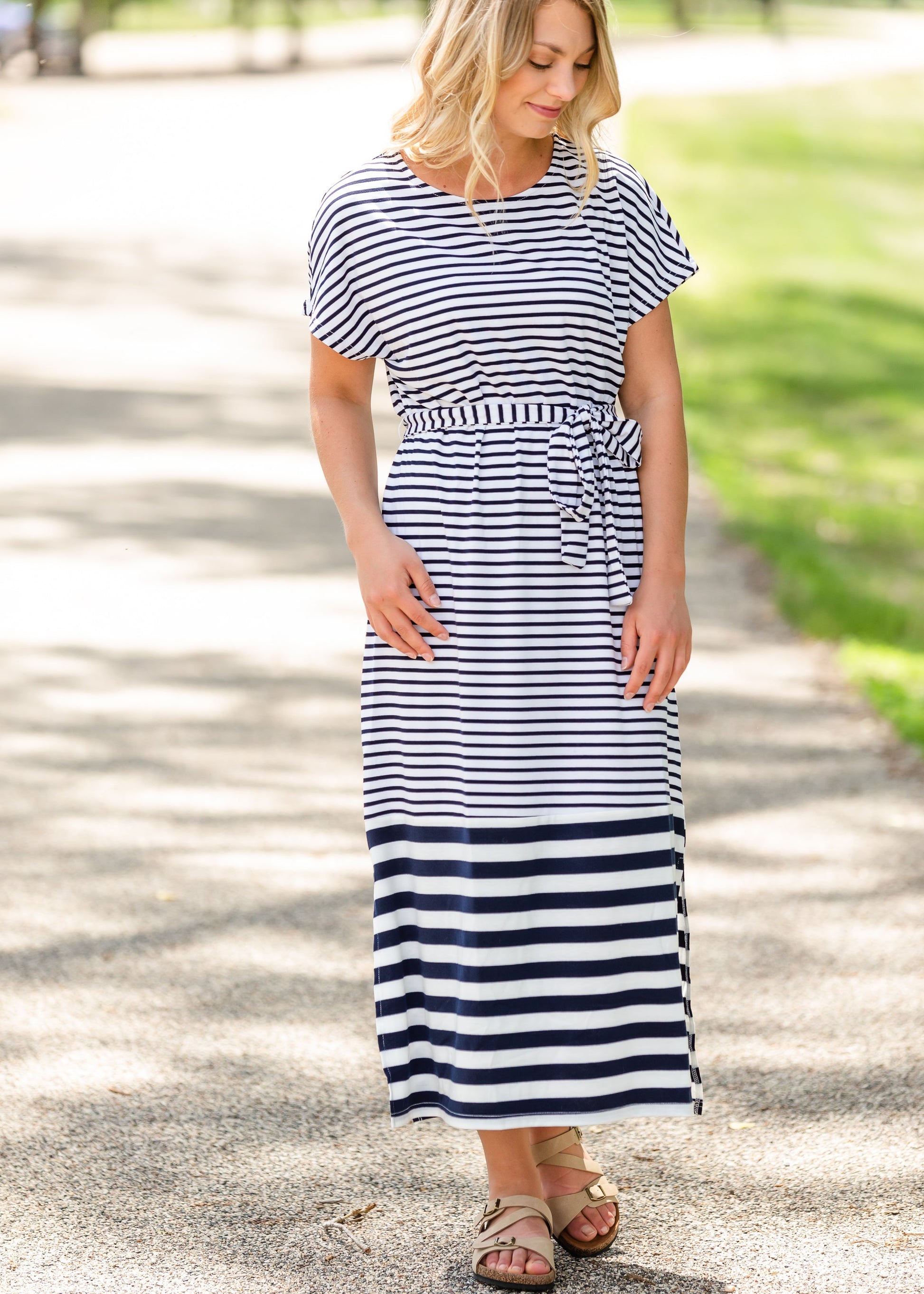 Navy and White Striped Tie Midi Dress Dresses