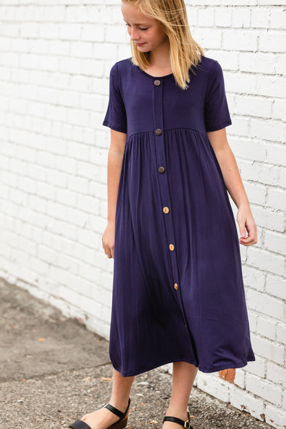 Navy Button Detail Maxi Dress Girls