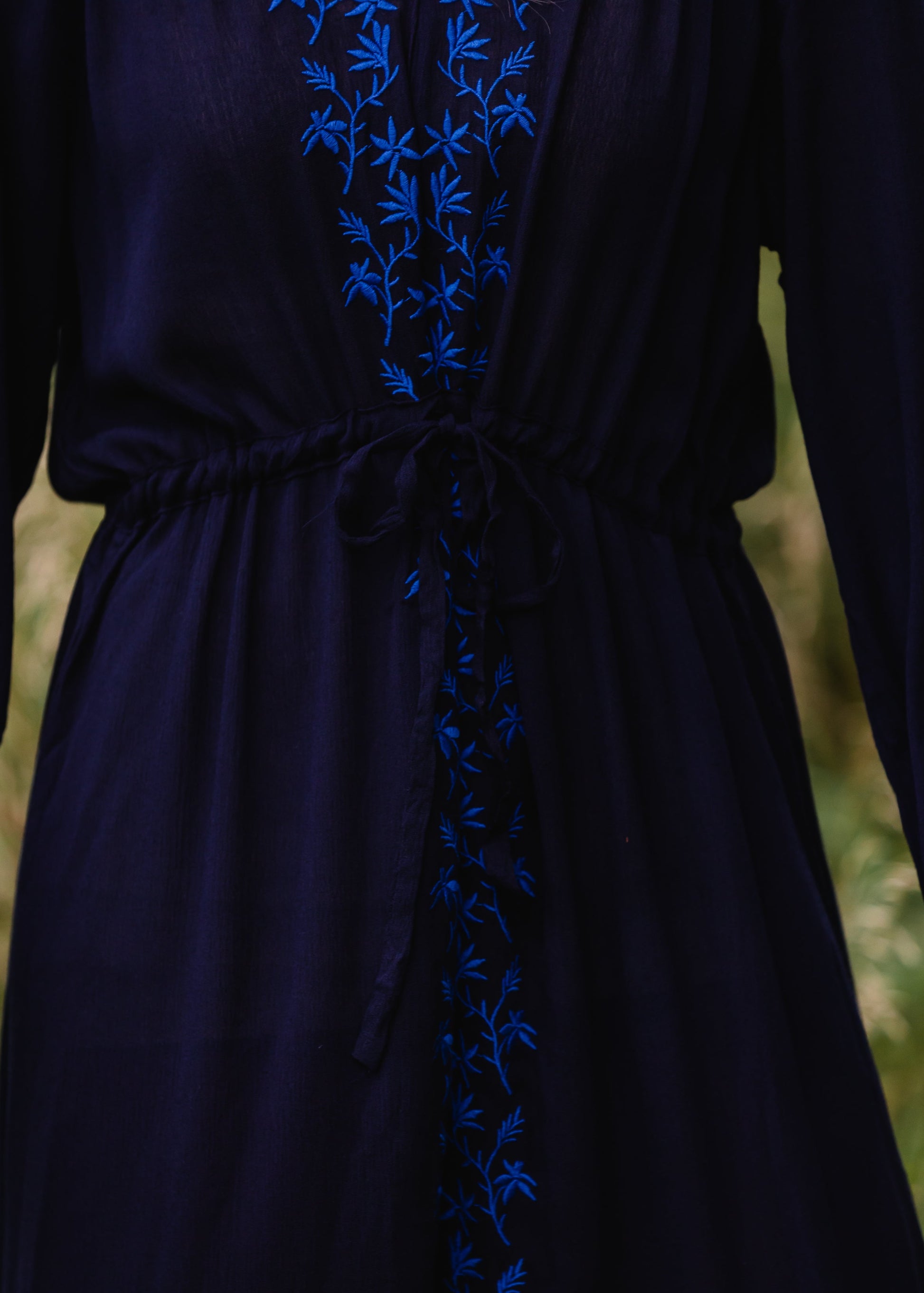 Navy Embroidered Tie Waist Maxi Dress Dresses