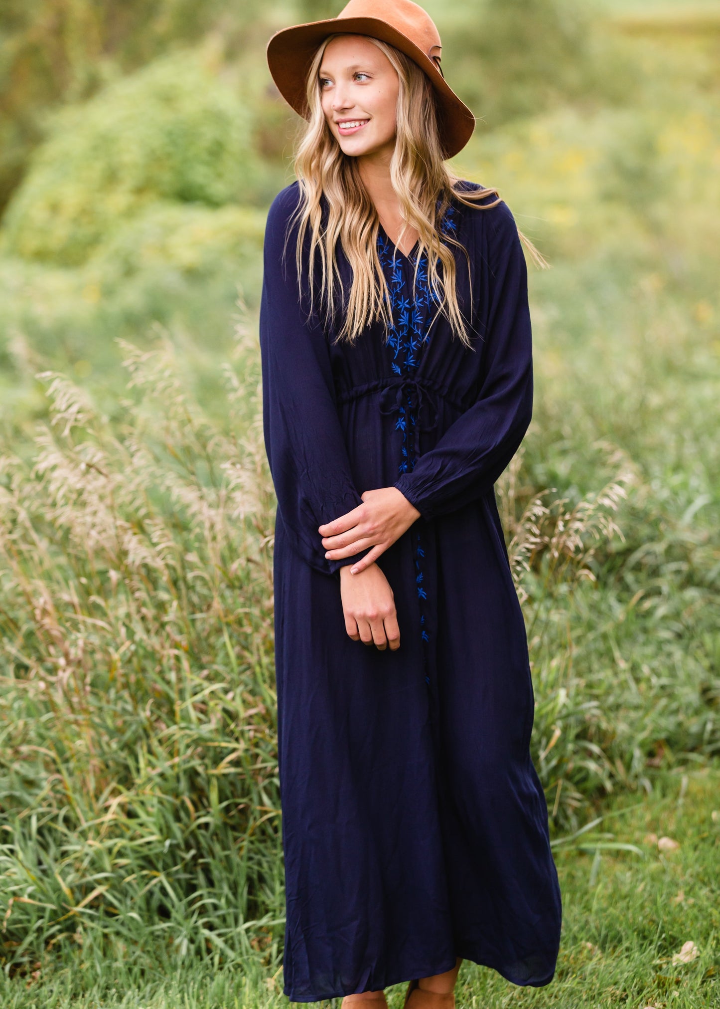 Navy Embroidered Tie Waist Maxi Dress Dresses