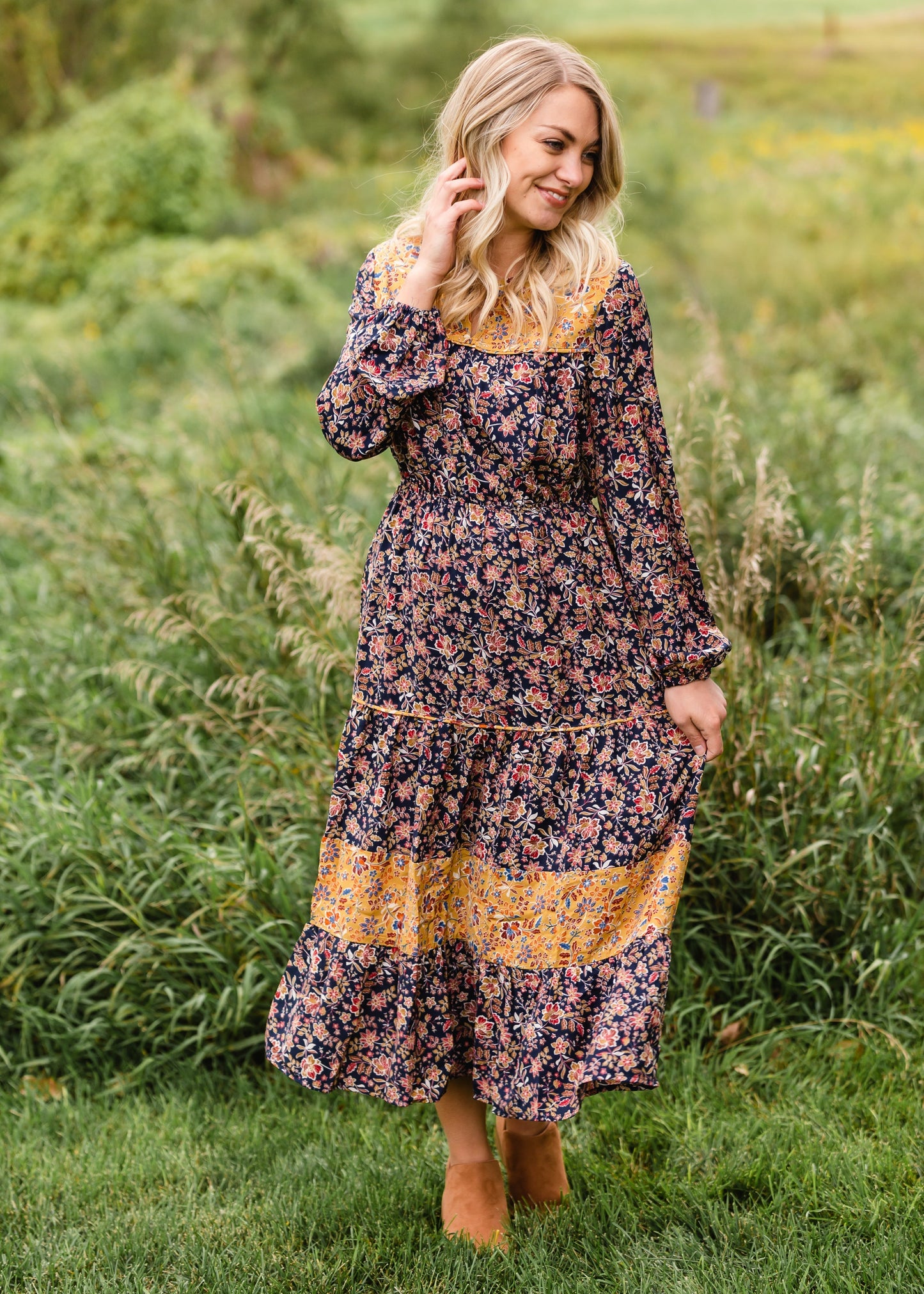 Navy Floral Prairie Peasant Midi Dress - FINAL SALE Dresses