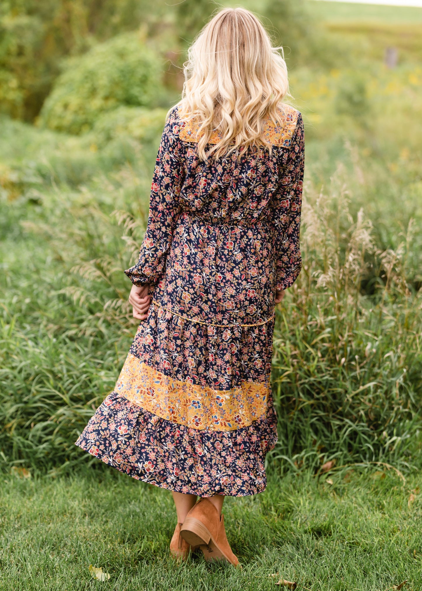 Navy Floral Prairie Peasant Midi Dress - FINAL SALE Dresses