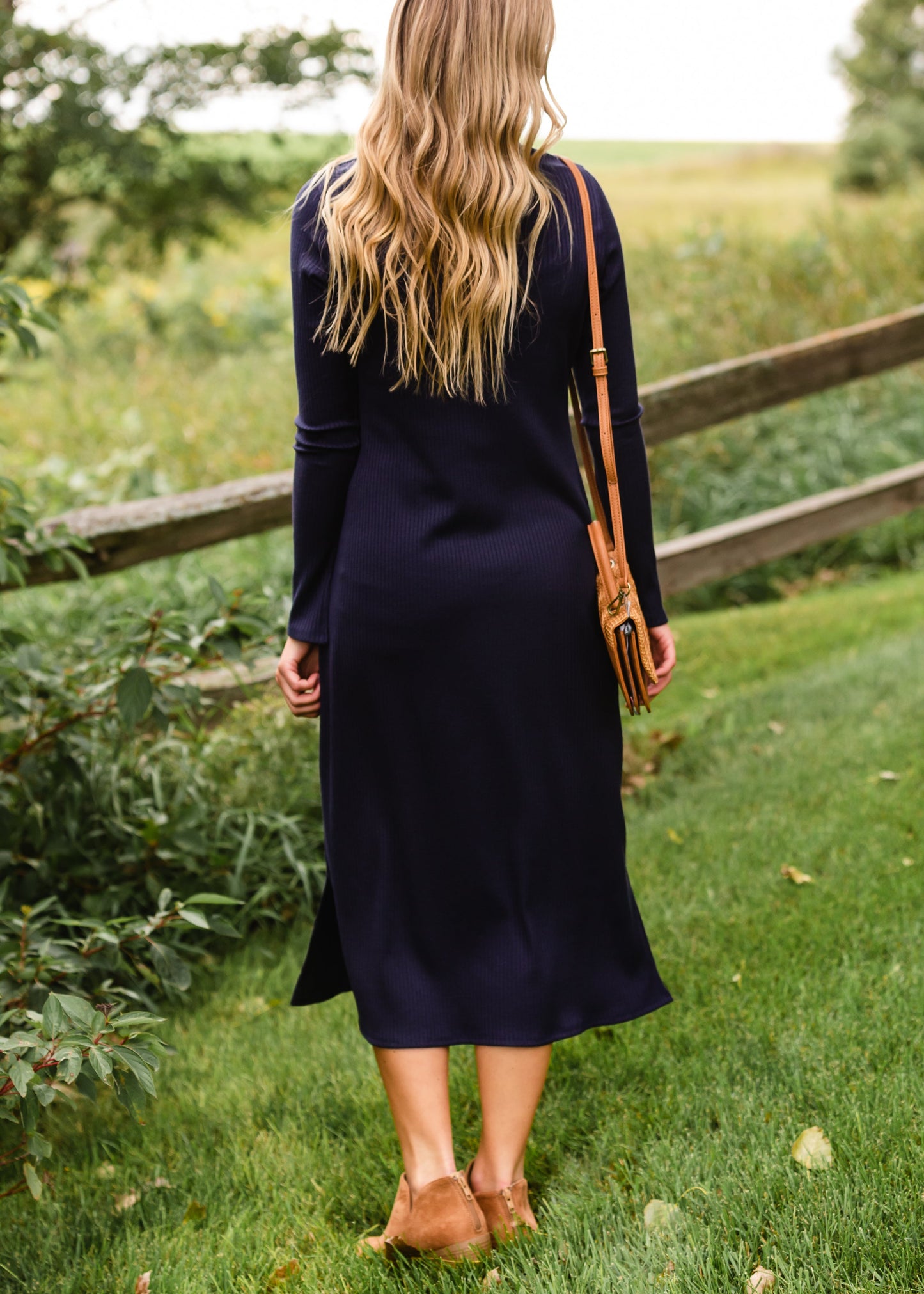 Navy Long Sleeve Ribbed Knit Midi Dress Dresses