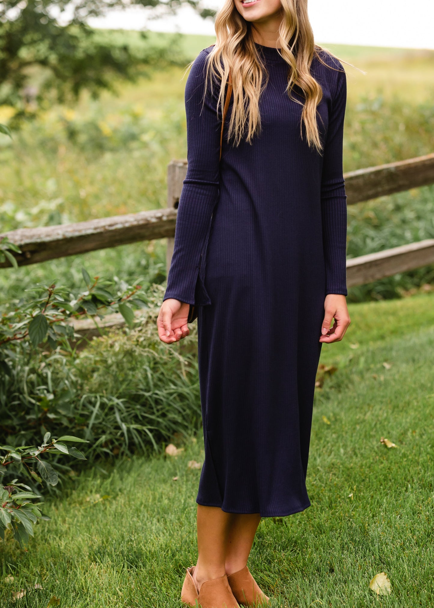 Navy Long Sleeve Ribbed Knit Midi Dress Dresses