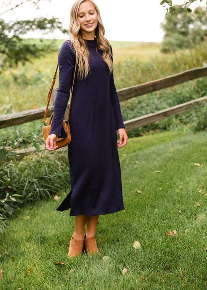 Navy Long Sleeve Ribbed Knit Midi Dress Dresses