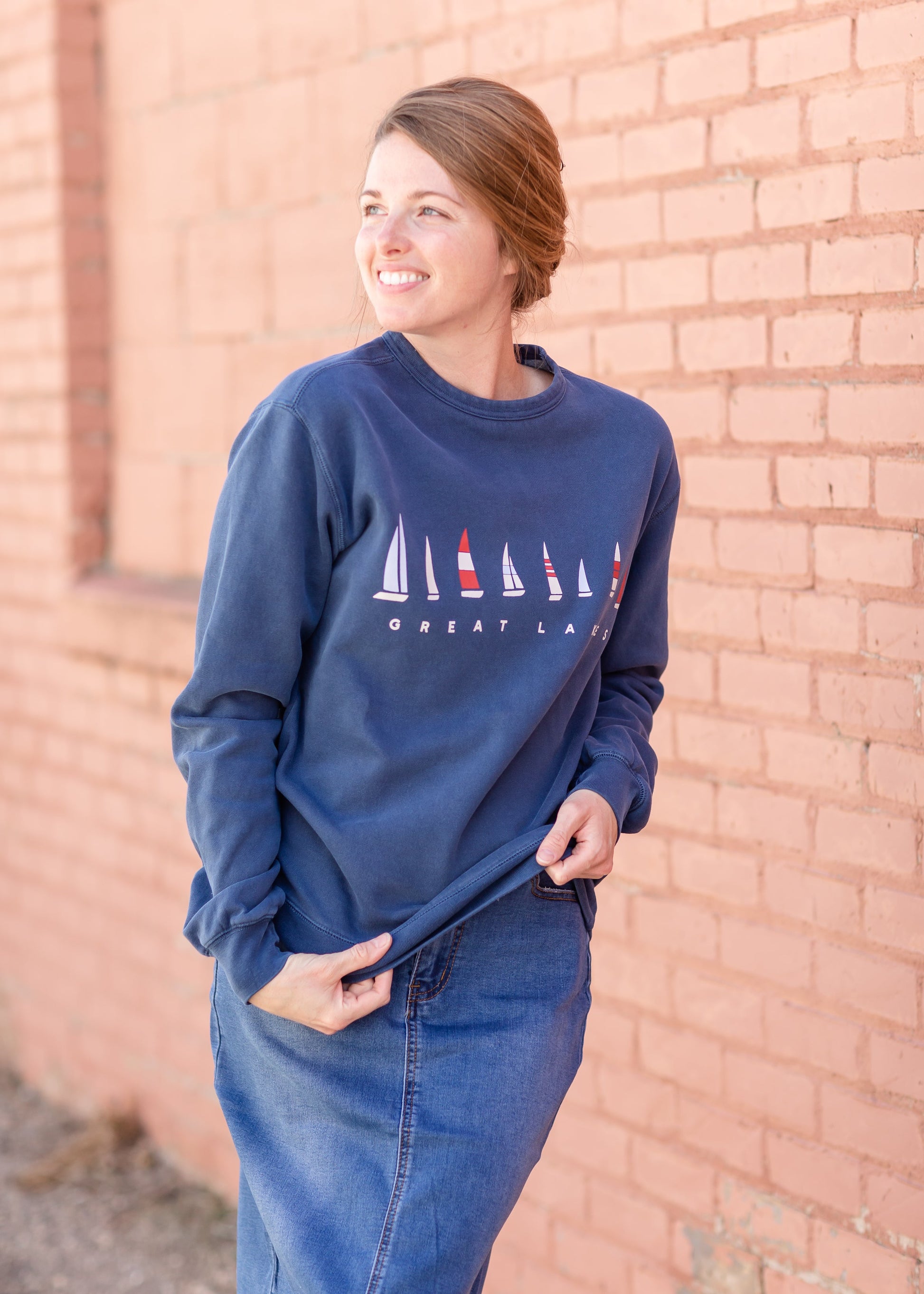 Navy Sailboat Crewneck Sweatshirt Tops