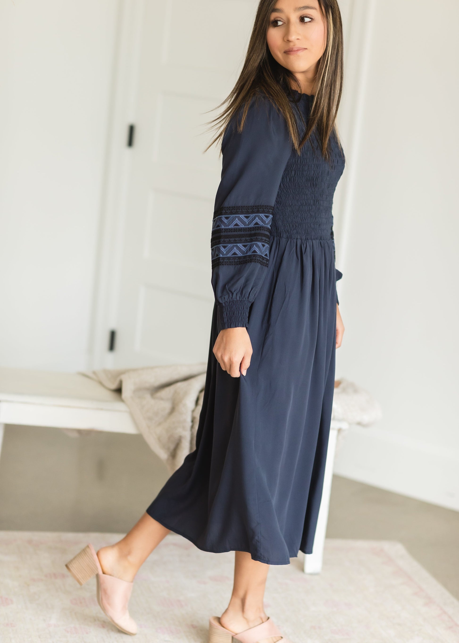 Navy Smocked Embroidered Midi Dress - FINAL SALE Dresses