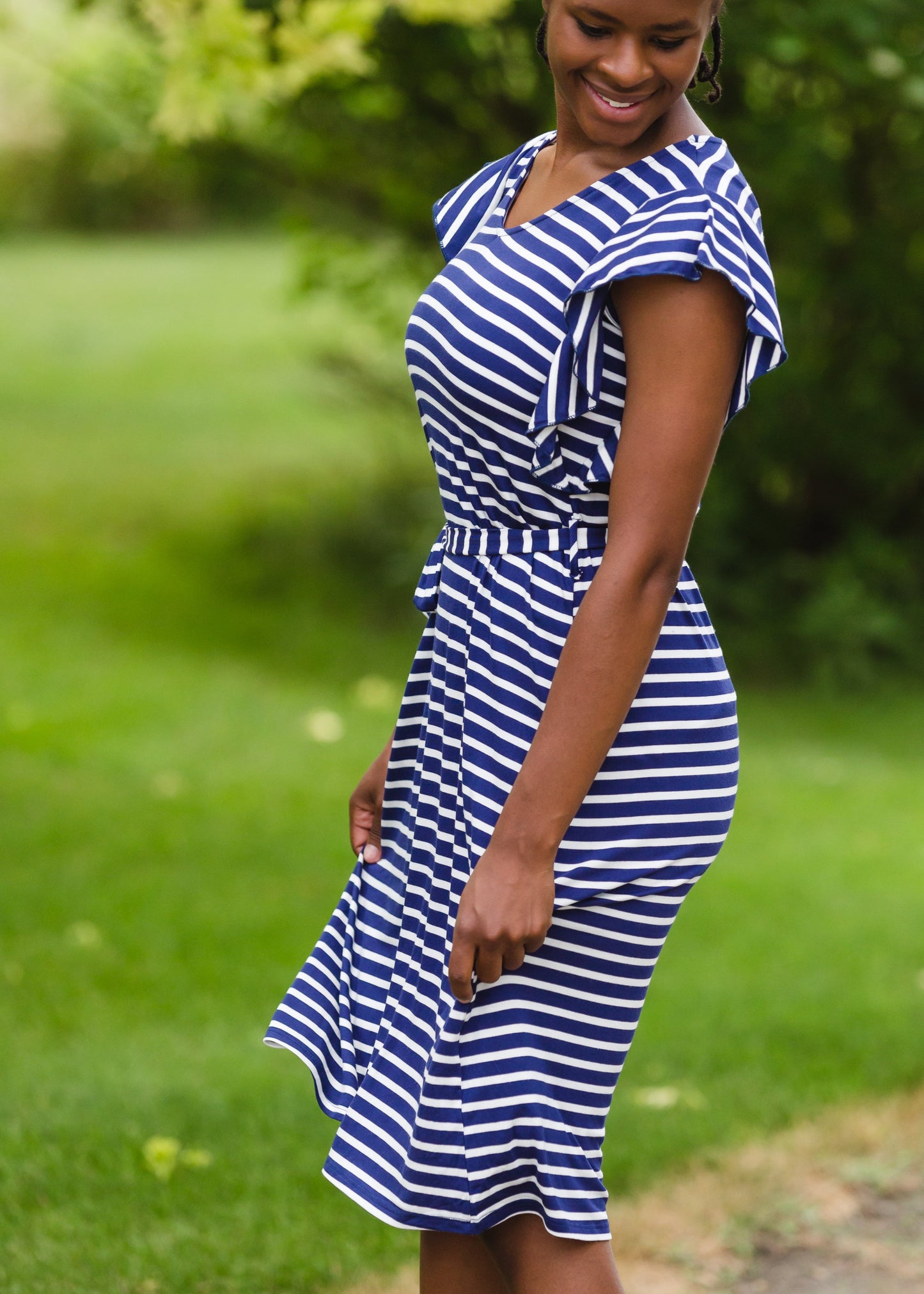 Navy Stripe Ruffle Sleeve Midi Dress - FINAL SALE Dresses