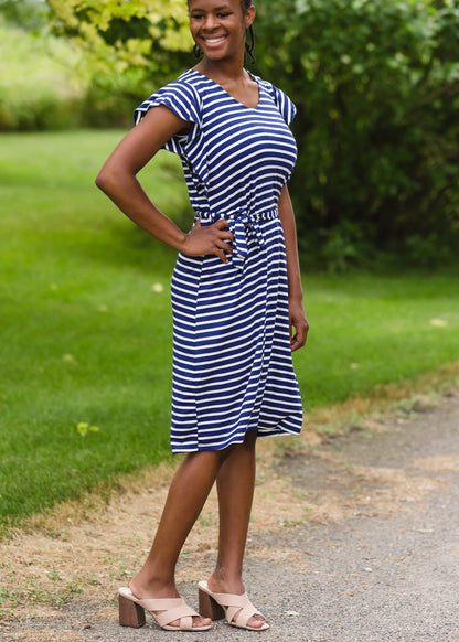 Navy Stripe Ruffle Sleeve Midi Dress - FINAL SALE Dresses