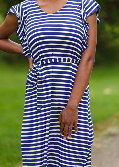 Navy Stripe Ruffle Sleeve Midi Dress - FINAL SALE Dresses