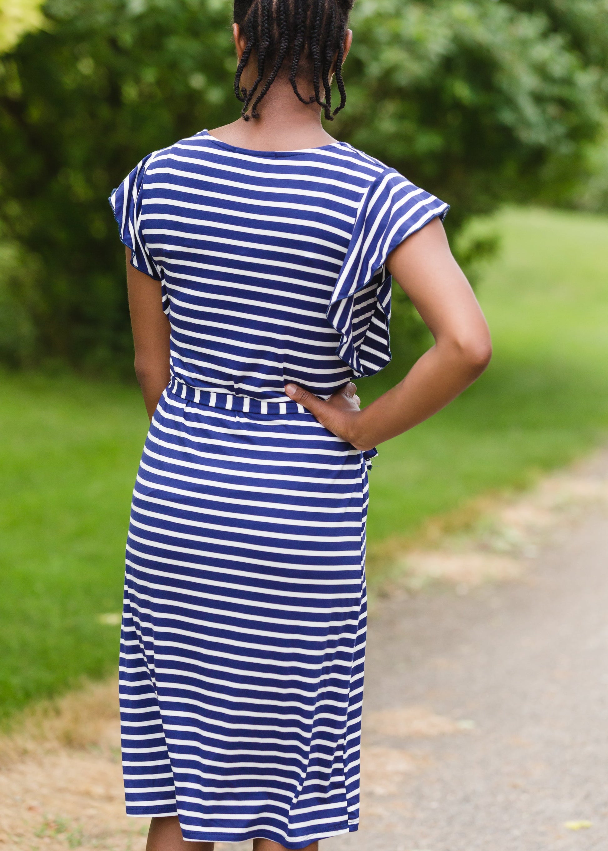 Navy Stripe Ruffle Sleeve Midi Dress - FINAL SALE Dresses