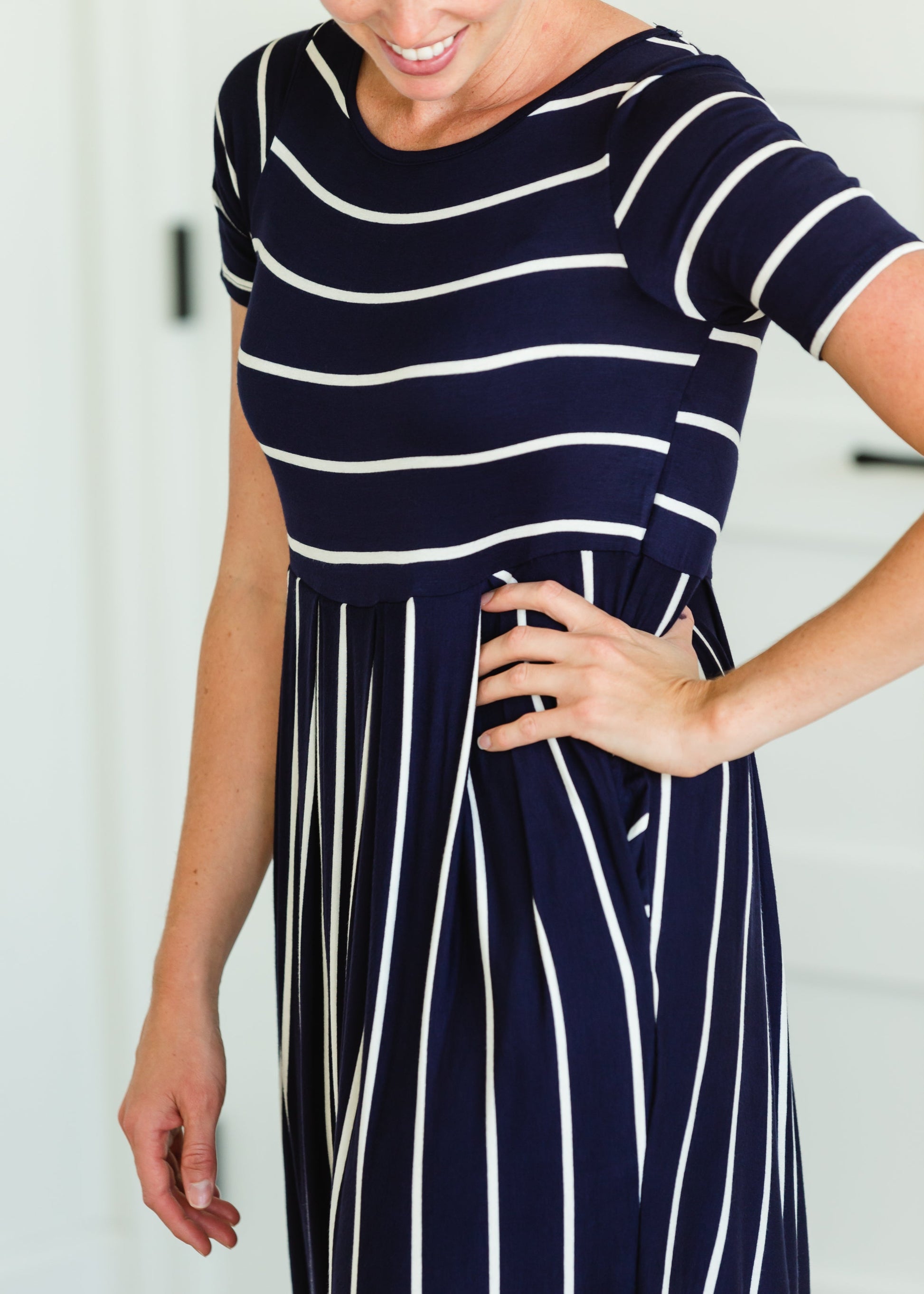 Navy Striped Midi Dress With Pockets Dresses