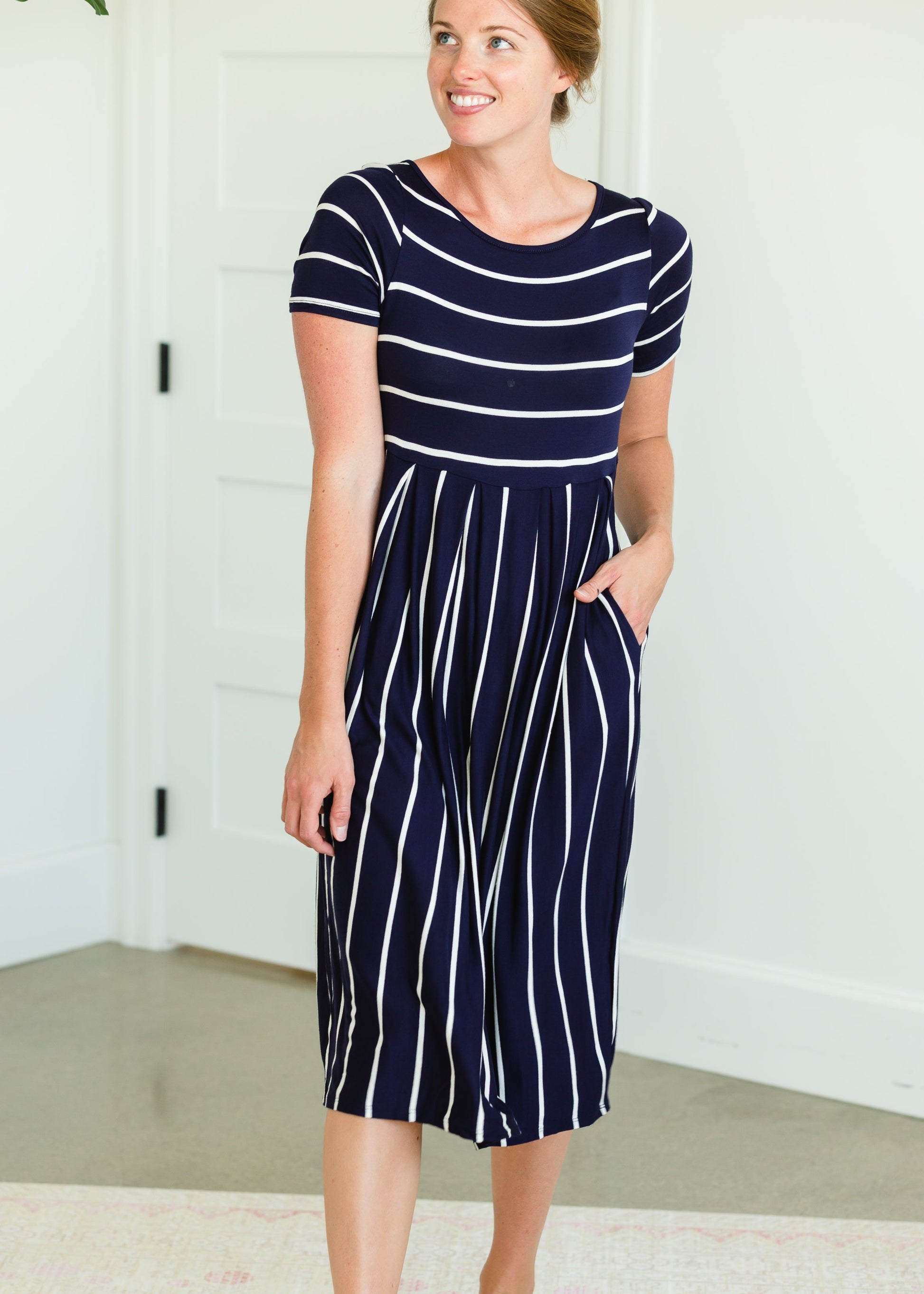 Navy Striped Midi Dress With Pockets Dresses