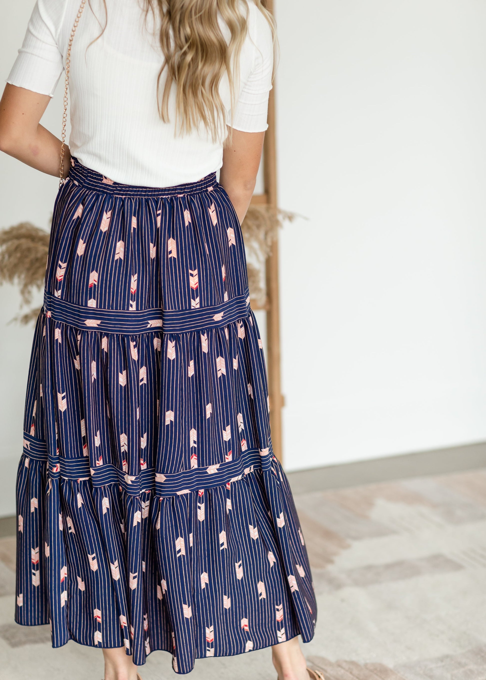 Navy Striped Tiered Midi Skirt Skirts