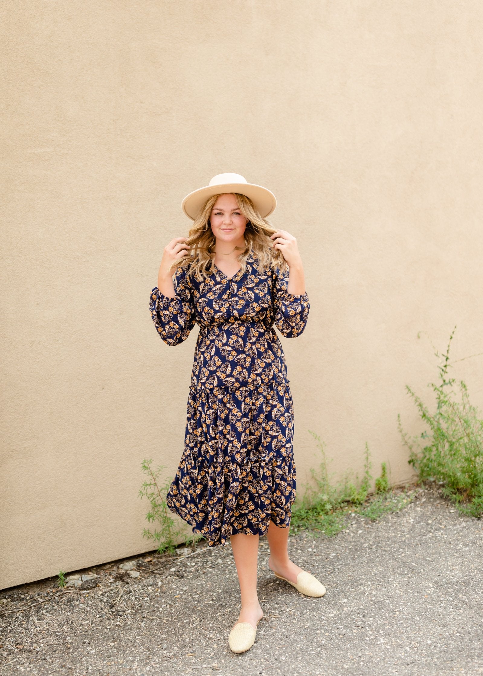 Navy V-Neck Floral Paisley Print Long Sleeve Dress Dresses Hayden