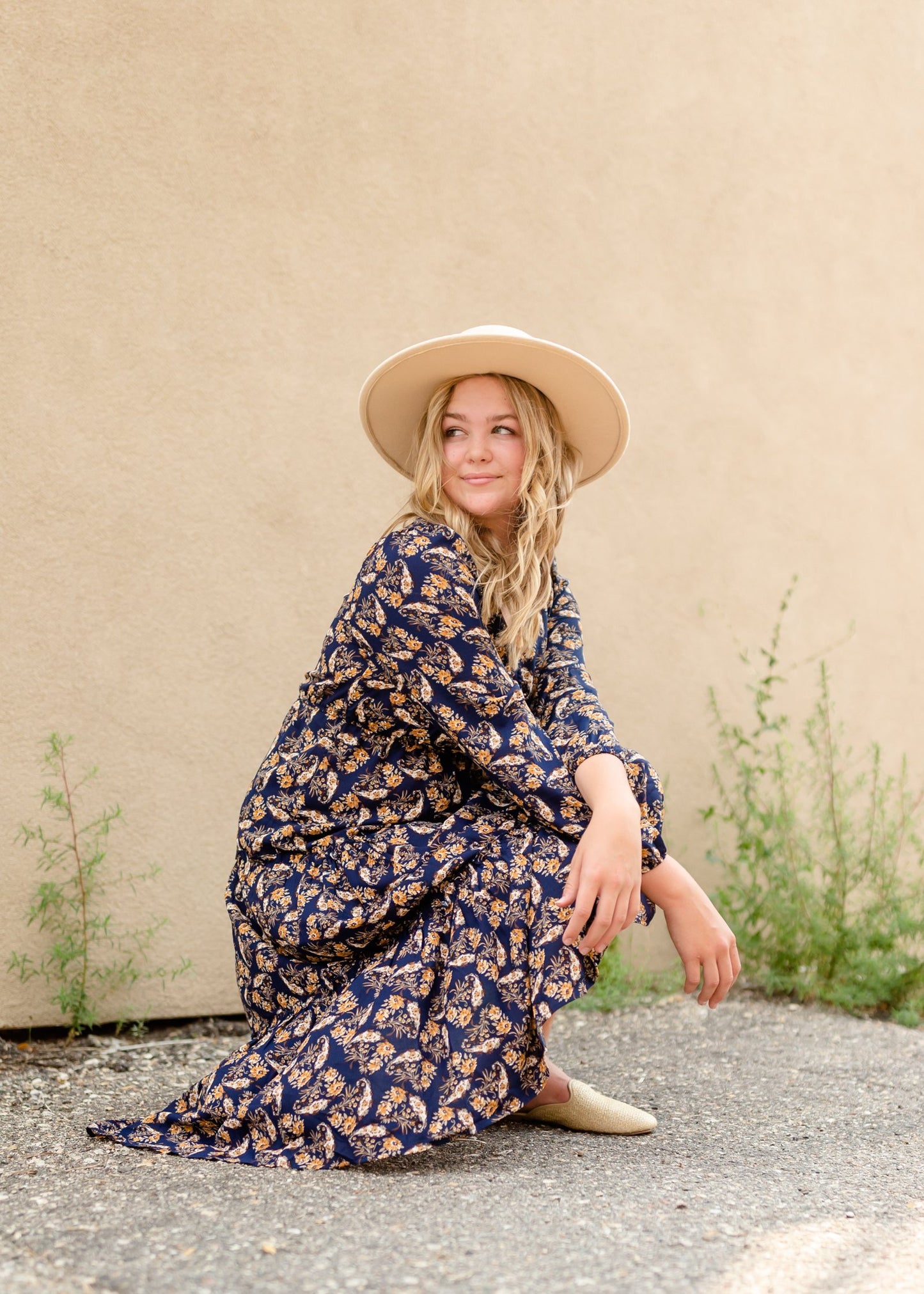 Navy V-Neck Floral Paisley Print Long Sleeve Dress Dresses Hayden