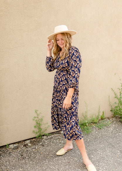 Navy V-Neck Floral Paisley Print Long Sleeve Dress Dresses Hayden