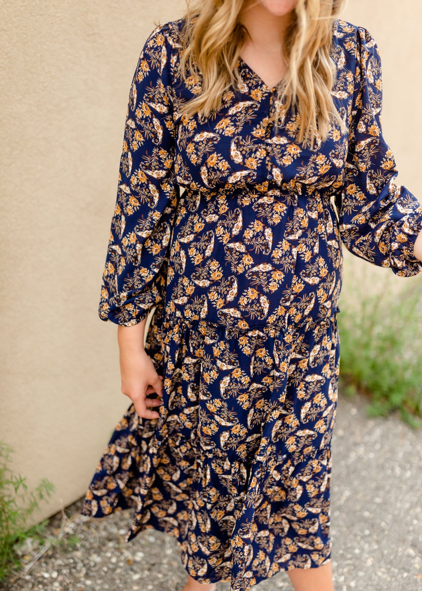 Navy V-Neck Floral Paisley Print Long Sleeve Dress Dresses Hayden