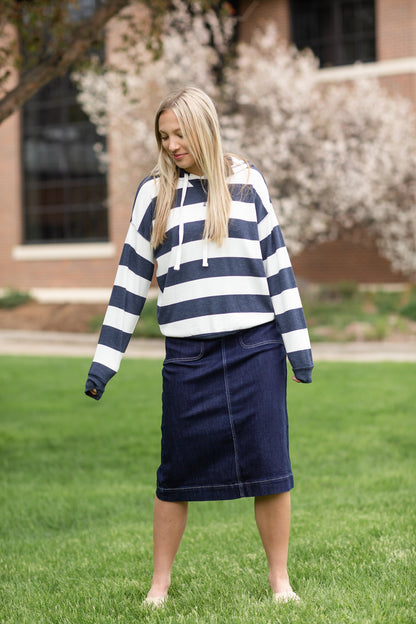 Navy & White Striped Hooded Sweatshirt Shirt