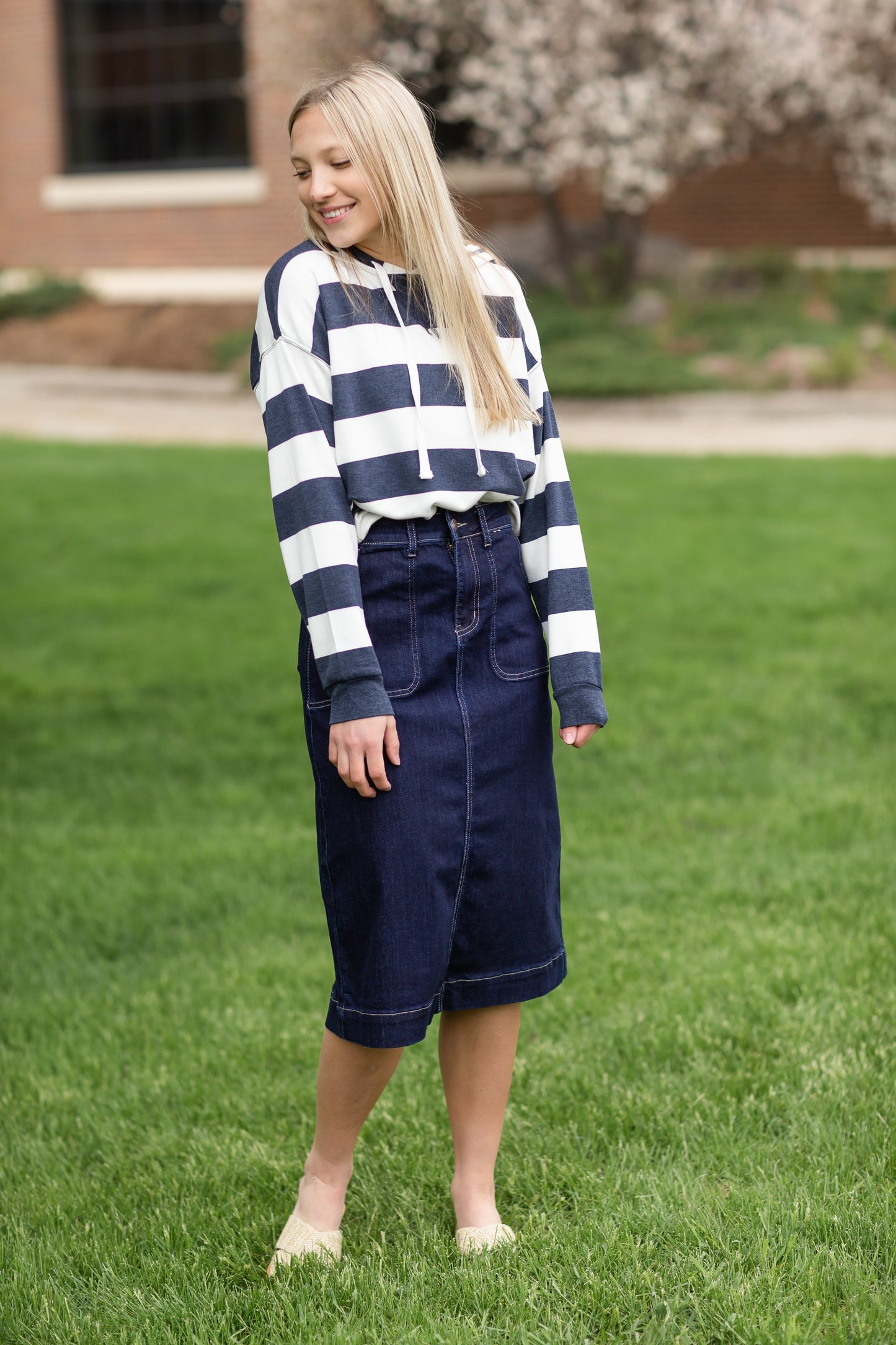 Navy & White Striped Hooded Sweatshirt Shirt