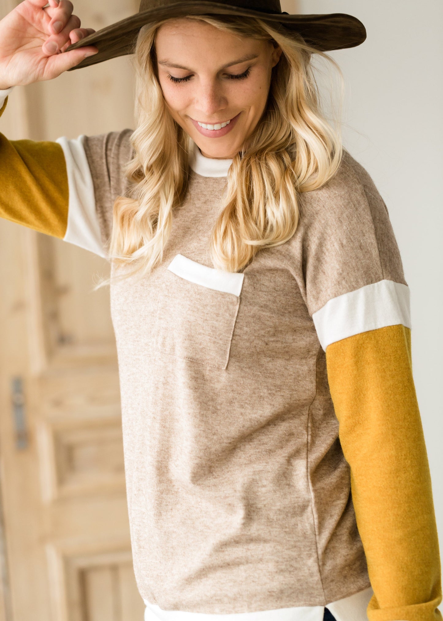 Neutral Knit Top With Pocket - FINAL SALE Tops