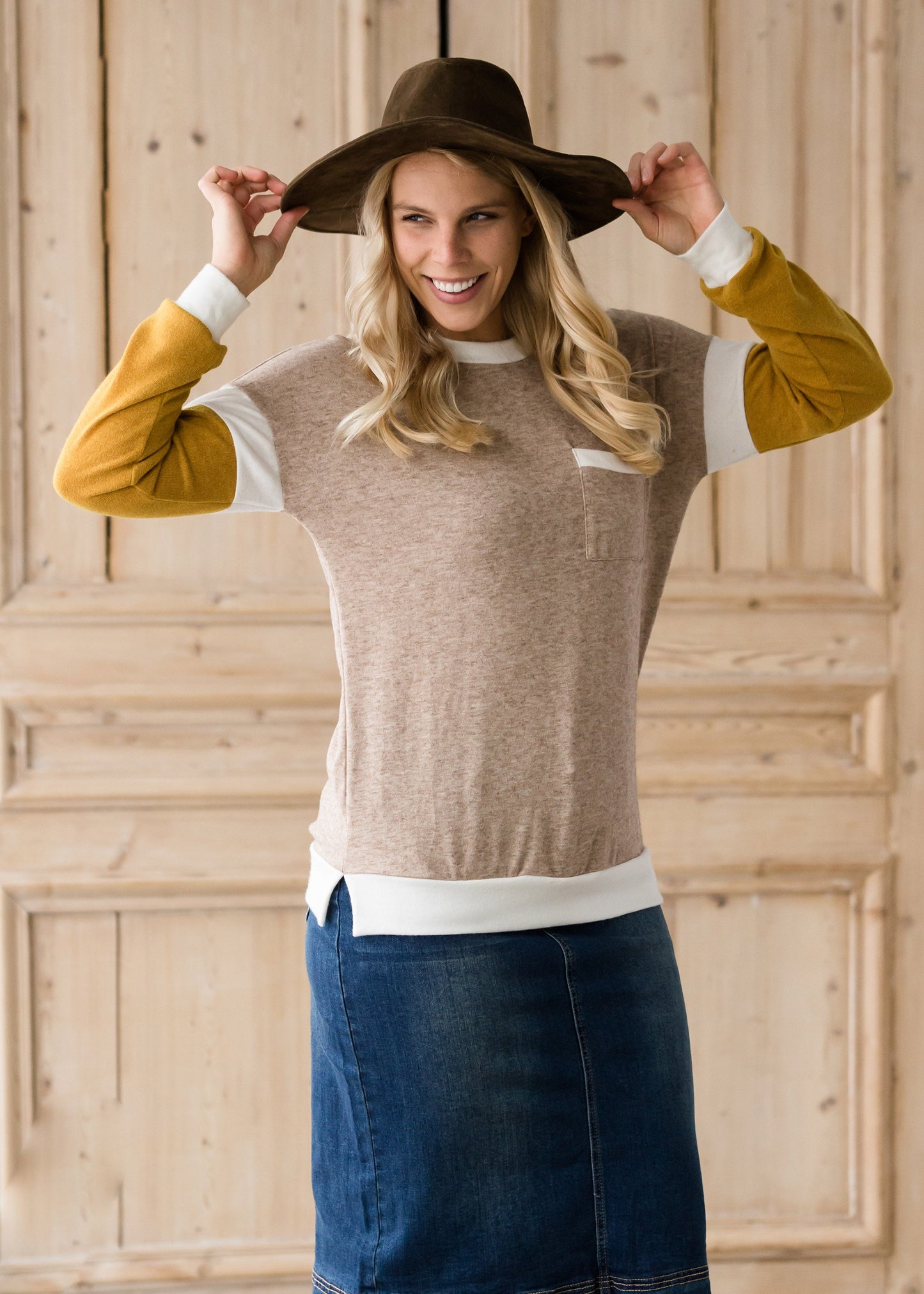 Neutral Knit Top With Pocket - FINAL SALE Tops