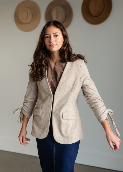 Oatmeal Cinch Sleeve Button Front Blazer Tops Doe & Rae