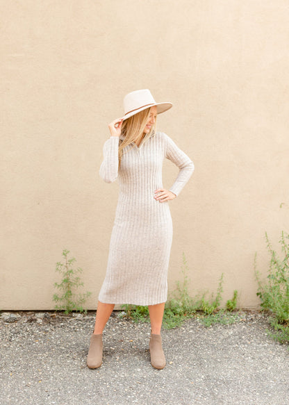 Oatmeal Rib Knit Turtleneck Dress Dresses LUSH