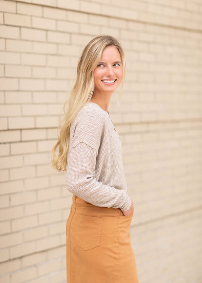 Oatmeal Waffle Knit Sweater Tops