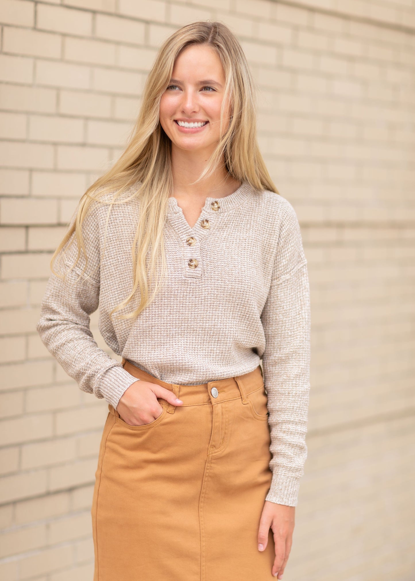 Oatmeal Waffle Knit Sweater Tops