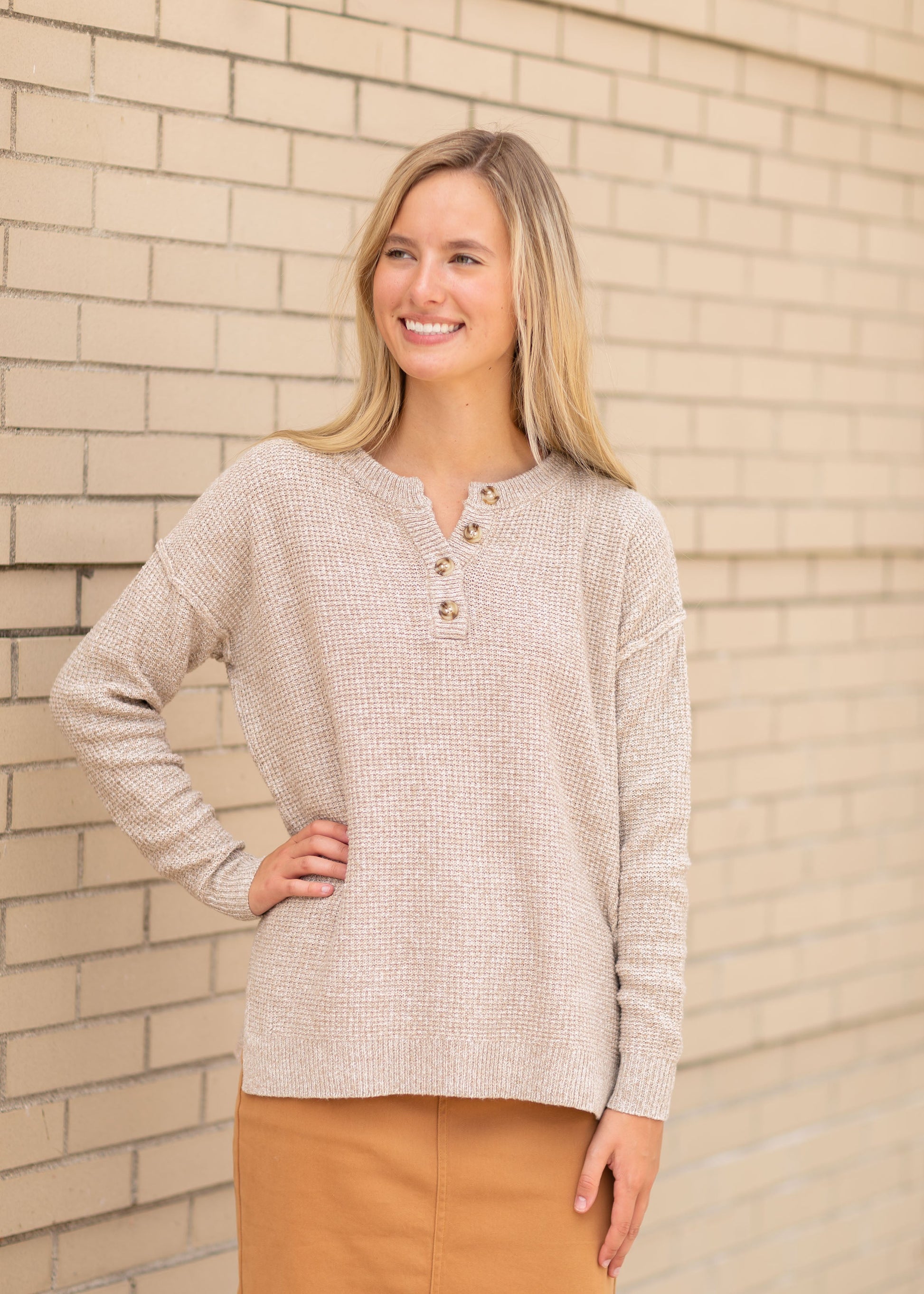 Oatmeal Waffle Knit Sweater Tops