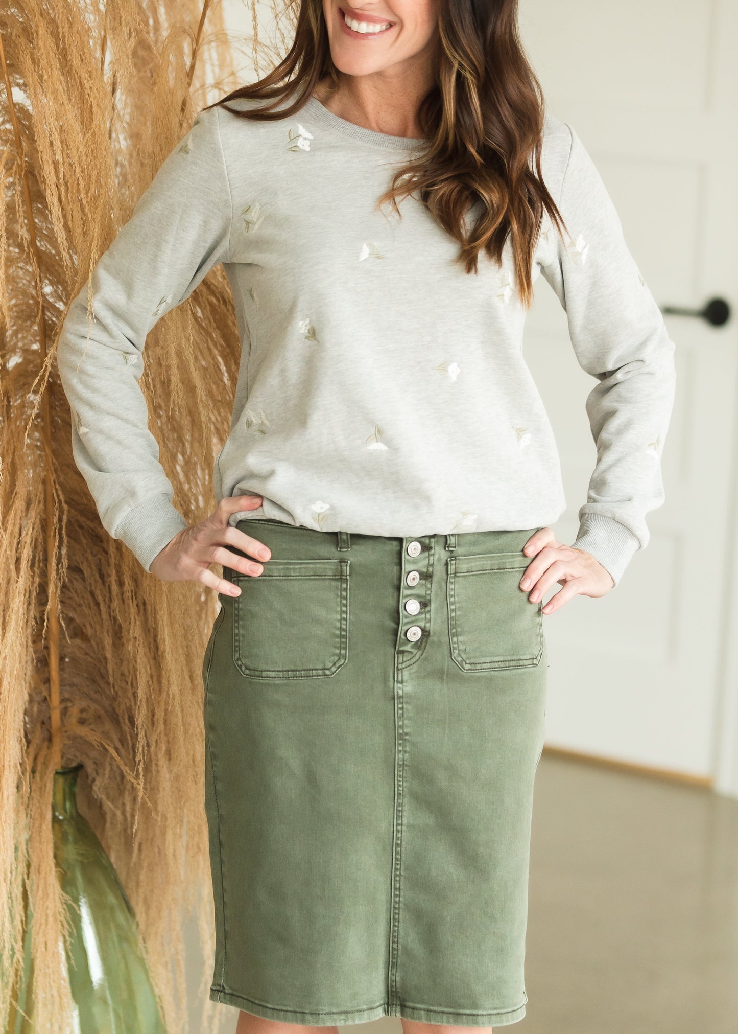 Olive Button Front Midi Denim Skirt - FINAL SALE Skirts