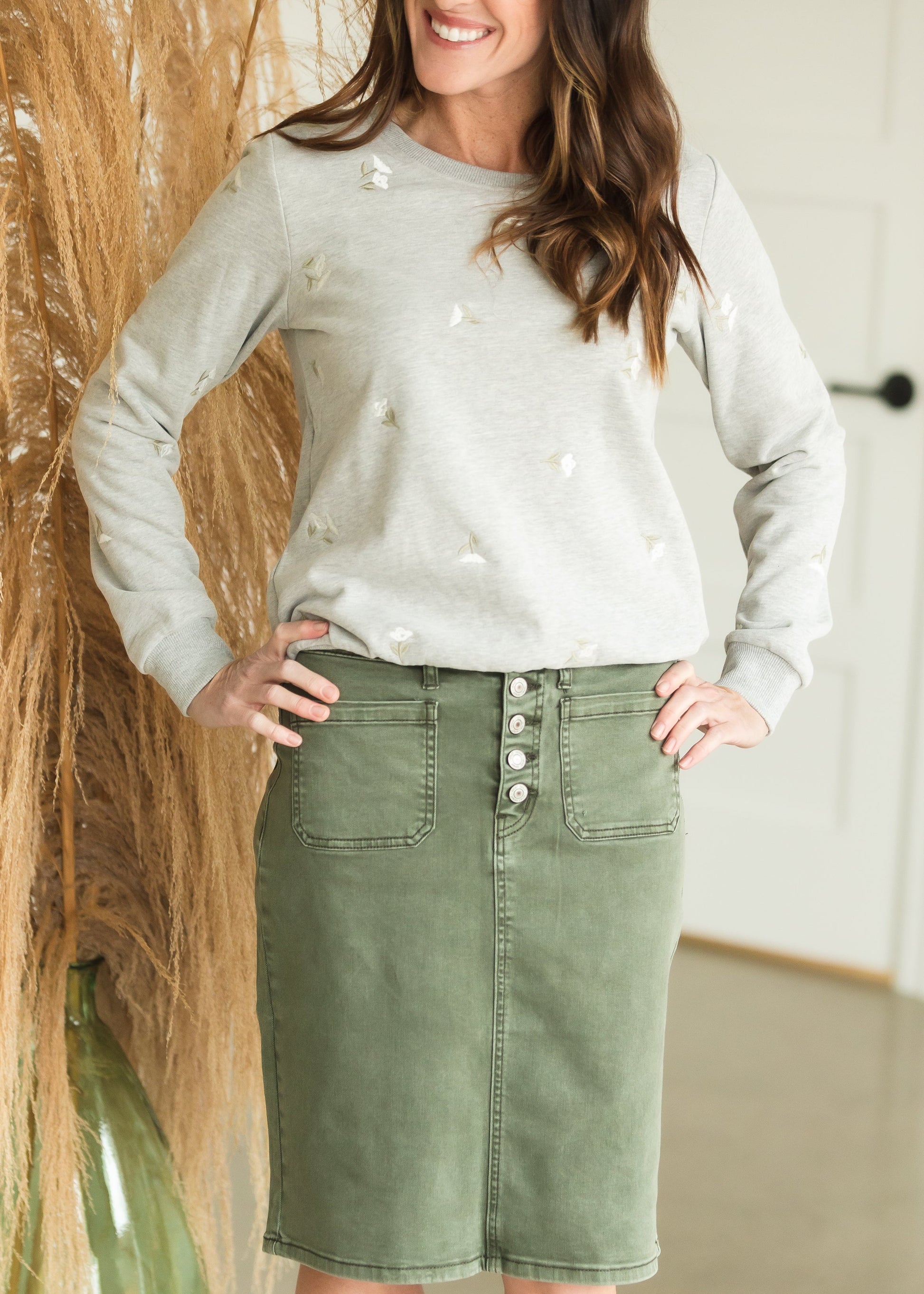 Olive Button Front Midi Denim Skirt - FINAL SALE Skirts