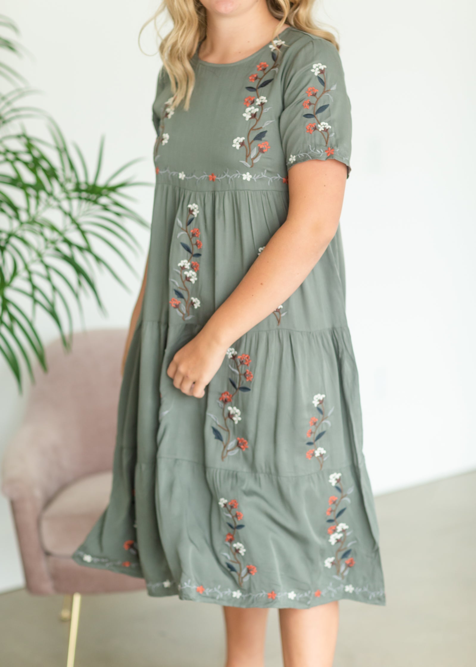 Olive Embroidered Tiered Midi Dress Dresses