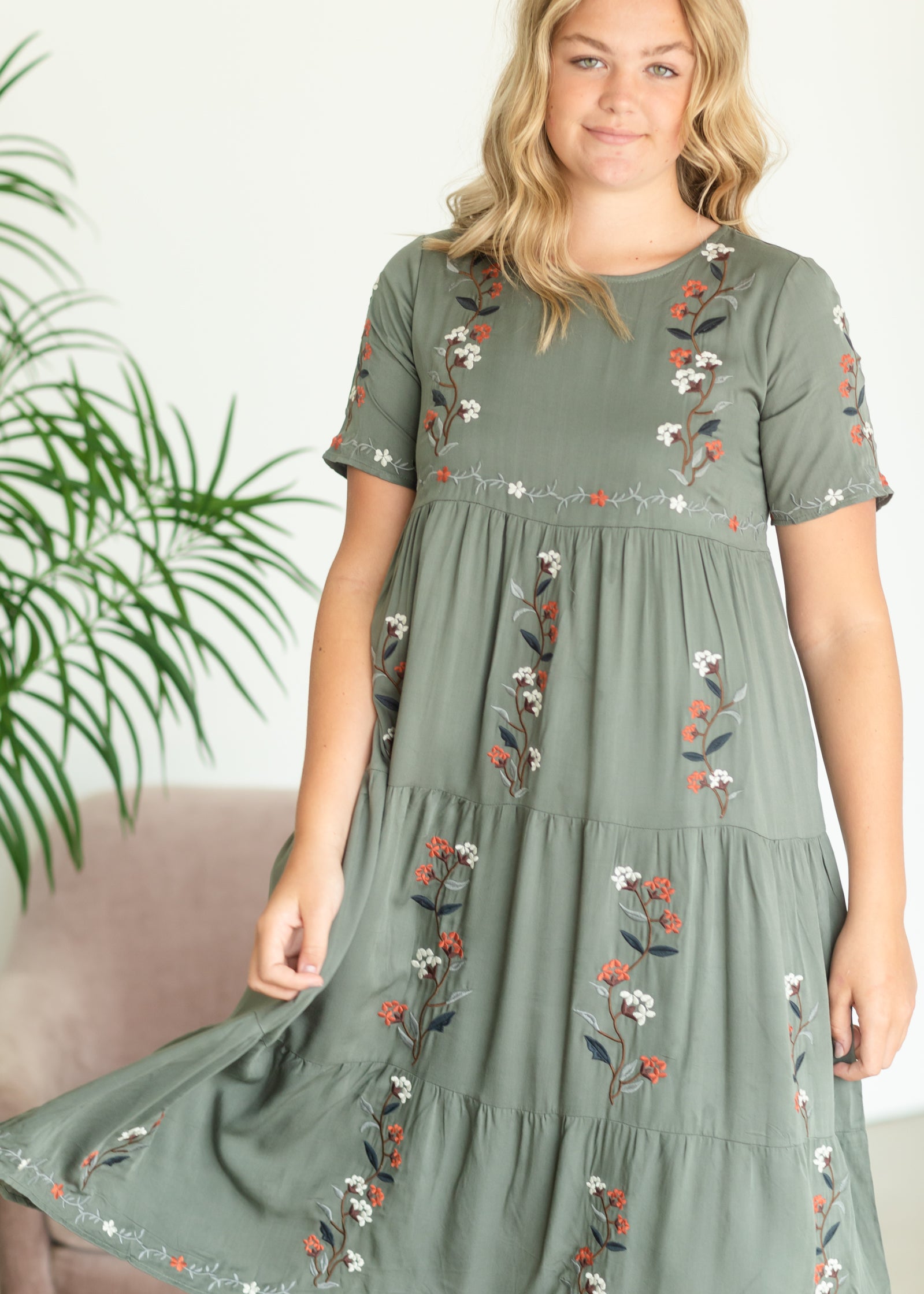 Olive Embroidered Tiered Midi Dress Dresses