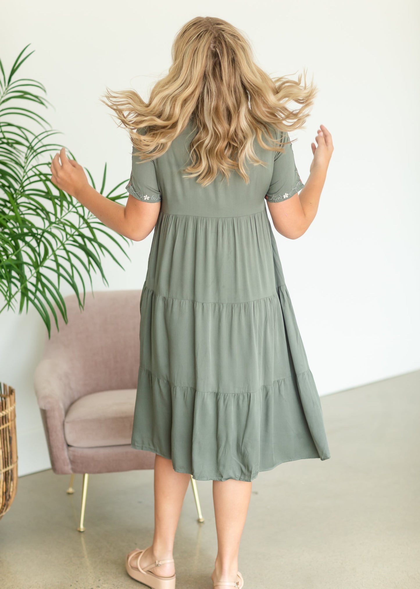 Olive Embroidered Tiered Midi Dress Dresses