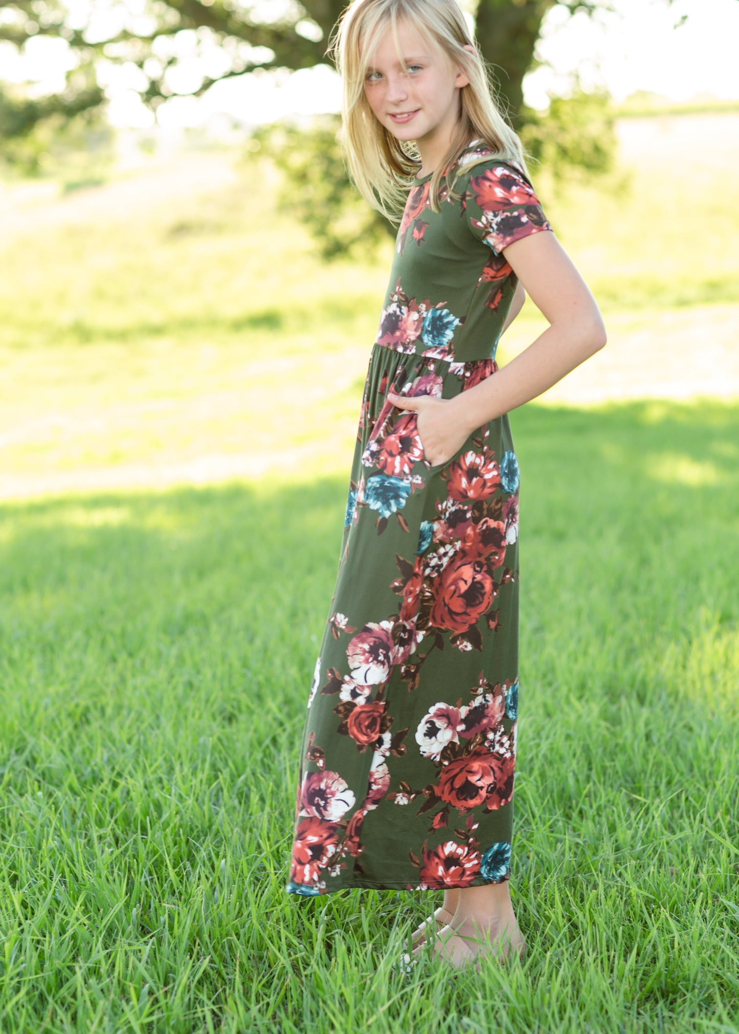 Olive Floral Fit and Flare Maxi Dress Dresses