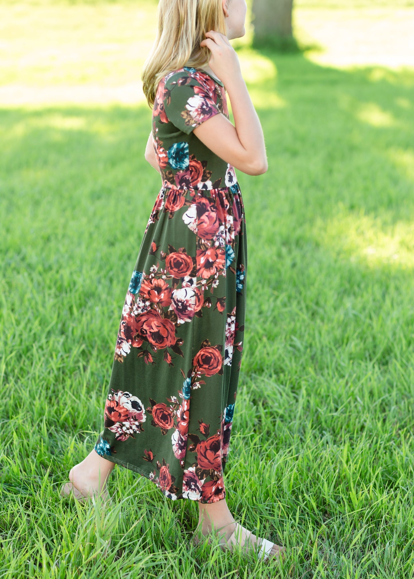 Olive Floral Fit and Flare Maxi Dress Dresses