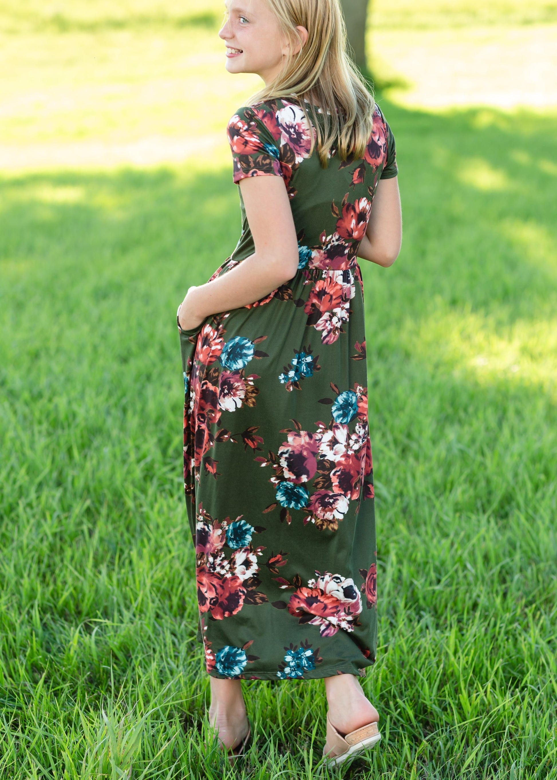 Olive Floral Fit and Flare Maxi Dress Dresses