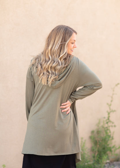 Olive Hooded Open Front Cardigan Tops