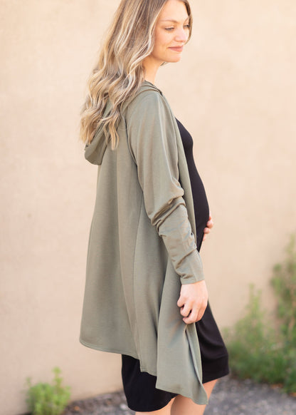 Olive Hooded Open Front Cardigan Tops