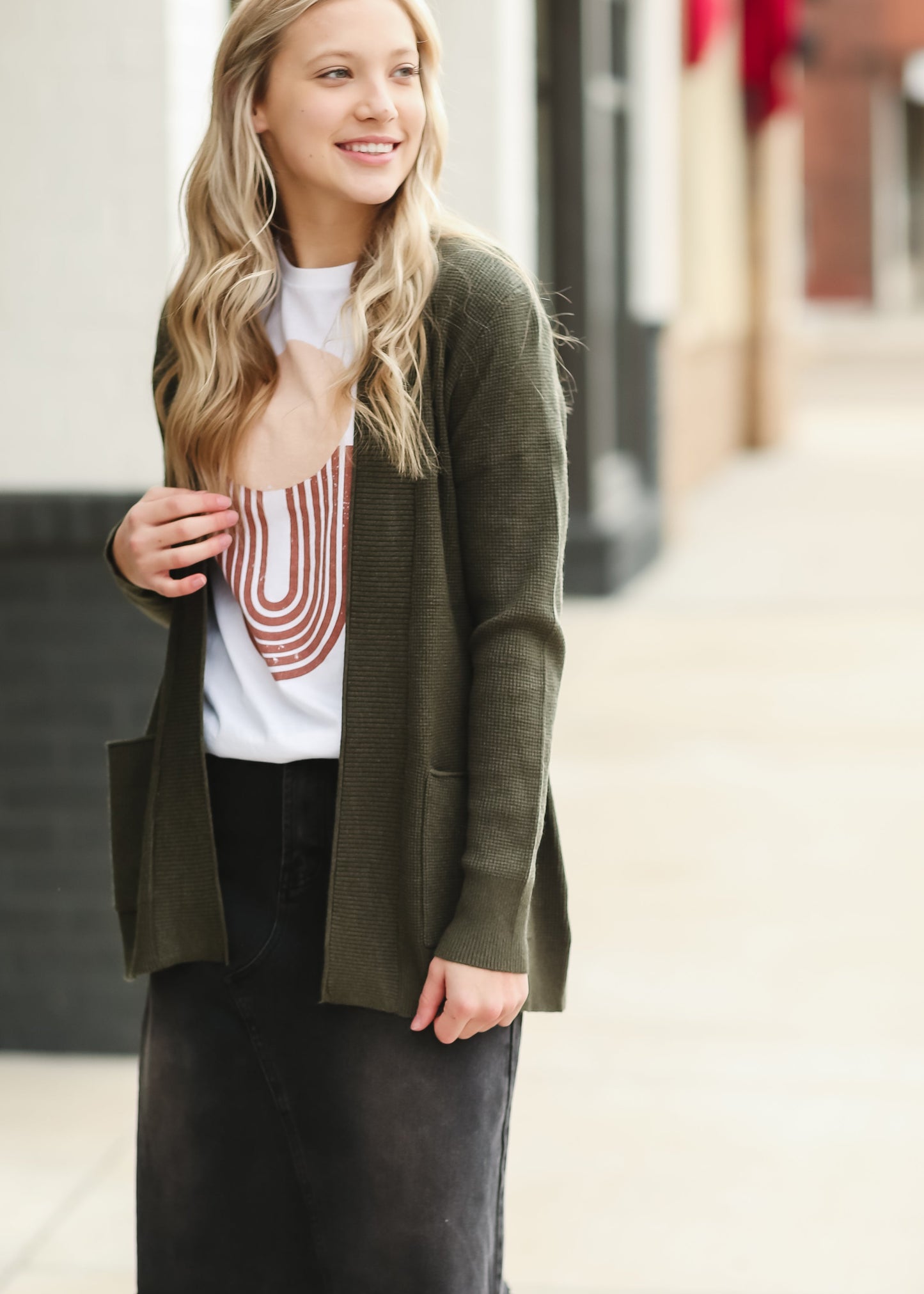 Olive Open Front Waffle Knit Cardigan Tops