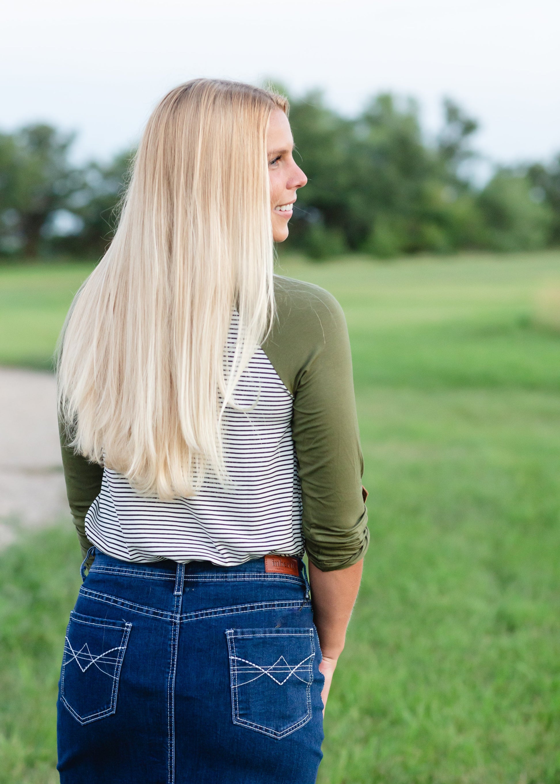 Olive Striped Suede Pocket Raglan Tops